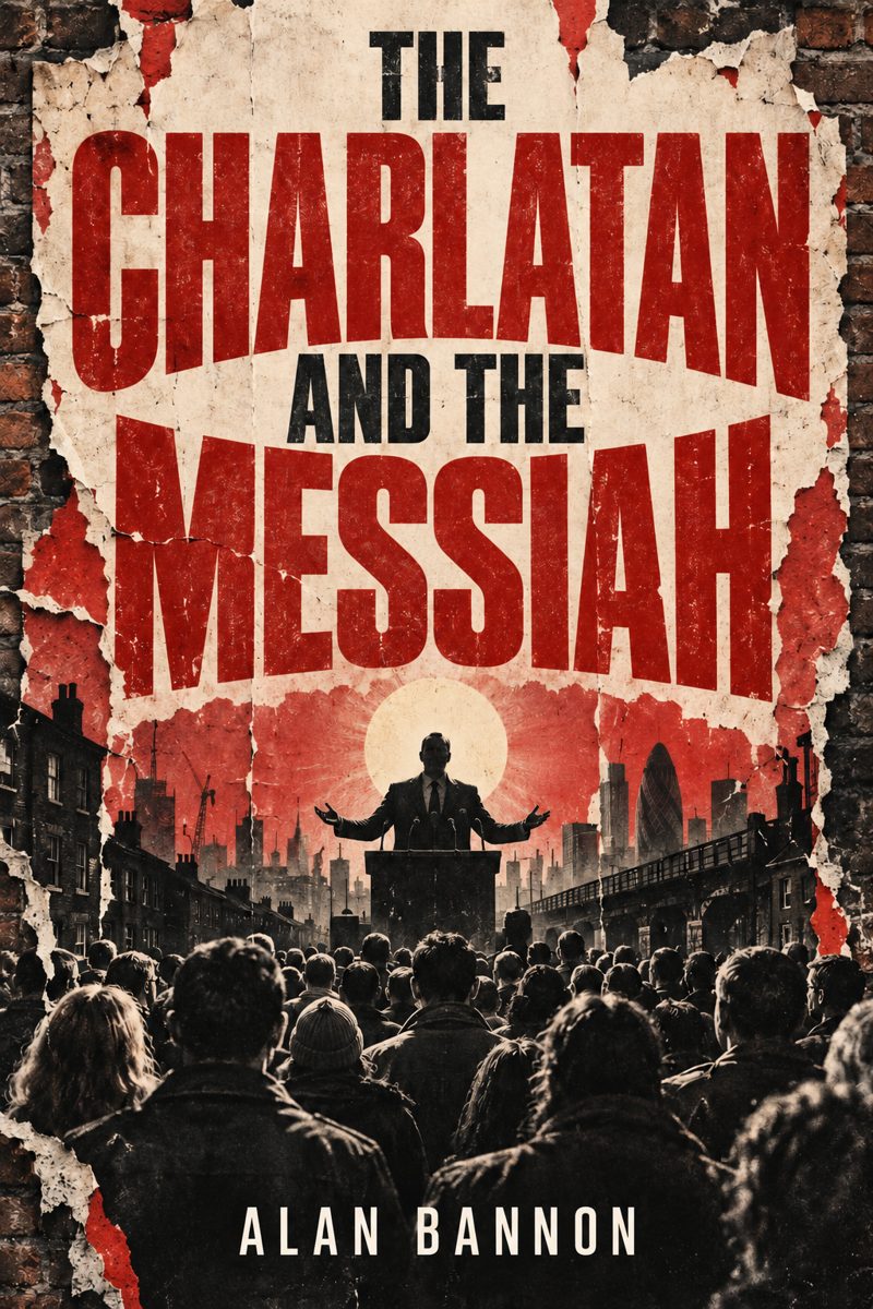 The Charlatan and the Messiah by Alan Bannon: a torn red-and-cream poster of a speaker at a podium before a London crowd