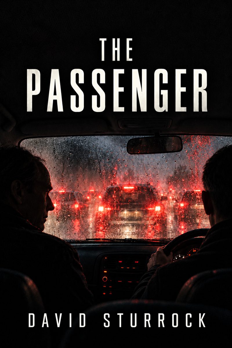 The Passenger by David Sturrock: two men in a car at night, rain on the windscreen, red tail-lights ahead